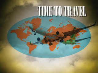 Time to travel, world map, plane in the dark clouds in the background, blurred image.