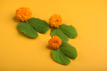 Indian Festival Dussehra, showing golden leaf (Bauhinia racemosa) and marigold flowers on a yellow...