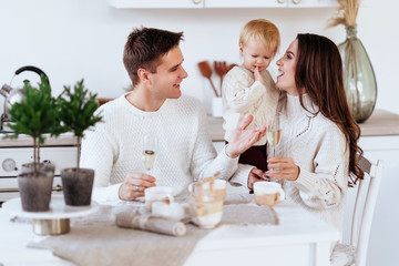 a young family, father, pregnant mother and their little daughter have a fun and playing in the kitchen