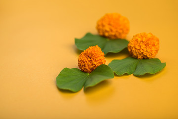 Indian Festival Dussehra, showing golden leaf (Bauhinia racemosa) and marigold flowers on a yellow...