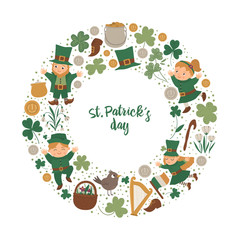 Vector Saint Patrick’s Day round frame with leprechaun, shamrock isolated on white background. Irish holiday themed banner or invitation framed in circle. Cute funny spring card template..