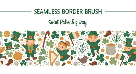 Vector Saint Patrick’s Day seamless pattern brush. Irish holiday themed background. Repeating border leprechaun, shamrock isolated on white background..