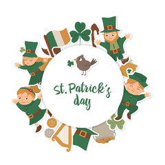 Vector Saint Patrick’s Day round frame with leprechaun, shamrock stickers isolated on white background. Irish holiday themed banner or invitation framed in circle. Cute funny spring card template..