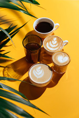 Morning coffee on the colorful background and palm branches. On blurred background with copy space. A cup of coffee under a palm tree.