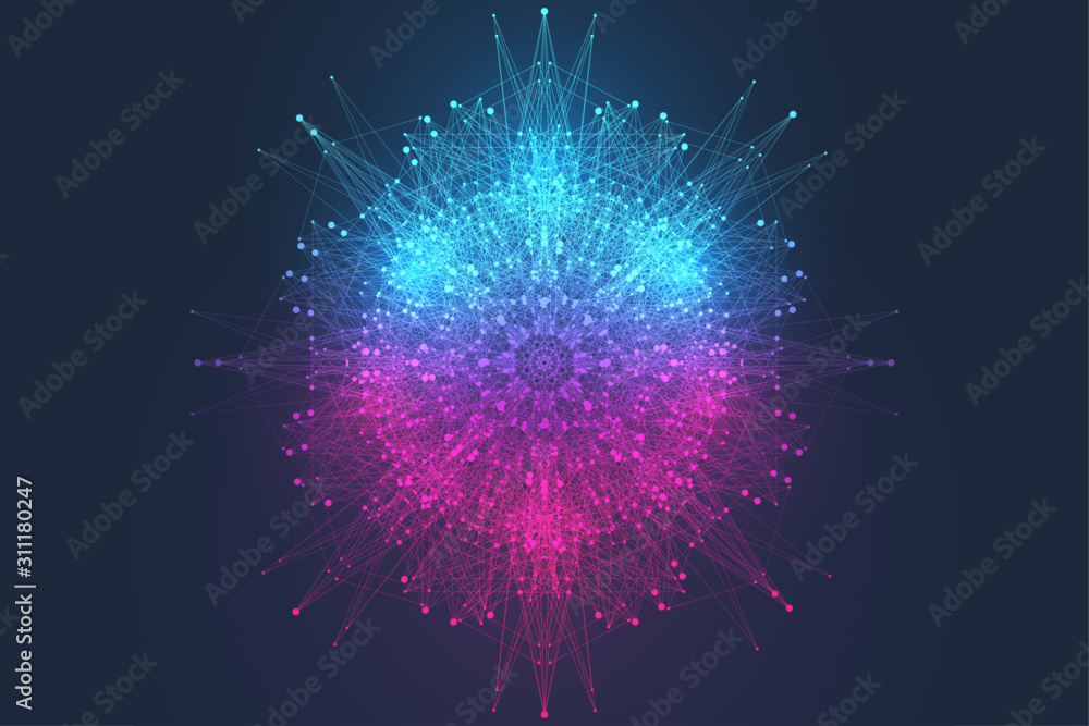 Leinwandbilder Scientific vector illustration quantum computer technology. Plexus fiction effect. Deep learning artificial intelligence. Big data algorithms visualization. Quantum explosion background.