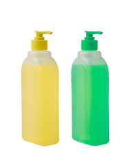 liquid soap with dispenser isolated on white background. Yellow and green soap bottle