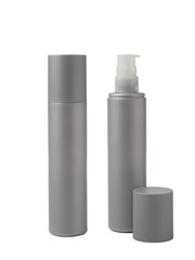 Spray with grey jar isolated on white background.