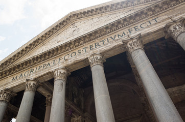 Close-up view of the Pantheon on a bright sunny day in Rome, Italy.