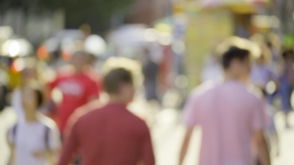 NYC urban dynamic scenery, unrecognizable people walking, sunny summer day, slow motion
