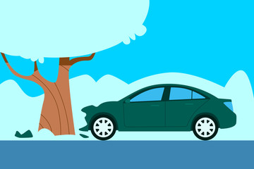 Car crashed into a tree. Winter accident. Flat design. Vector illustration
