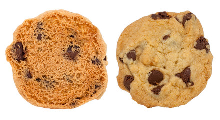 Back and front views of isolated homemade chocolate chip cookies. Isolated.