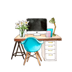 Watercolor hand-painted table with computer and blue chair workplace interior illustration on white background 