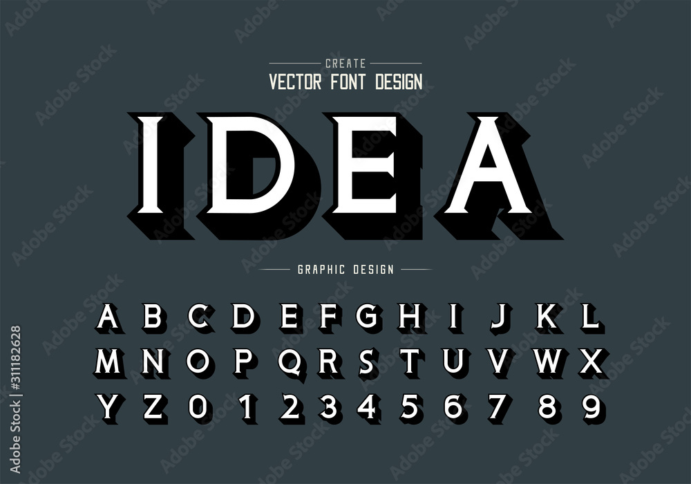 Poster shadow font and alphabet vector, idea typeface letter and number design, graphic text on background