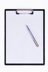 Clipboard with pen on a white background