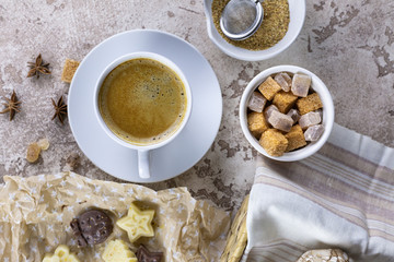 cane sugar and a cup of aromatic coffee