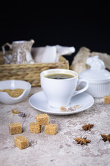 cane sugar and a cup of aromatic coffee