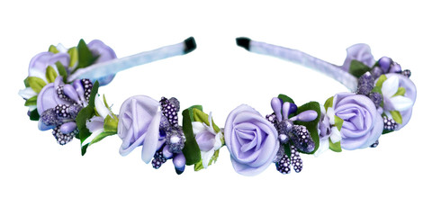 A wreath of purple roses. Folk hat made of flowers. Hair ornament purple and violet
