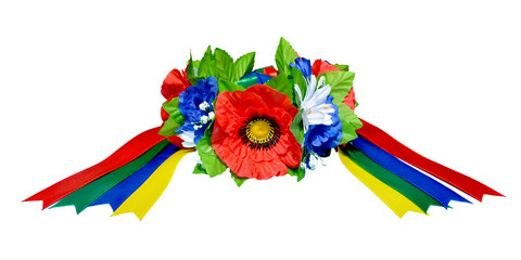 A wreath of poppies, chamomile, cornflowers. Folk hat made of flowers. Hair ornament red, blue, white