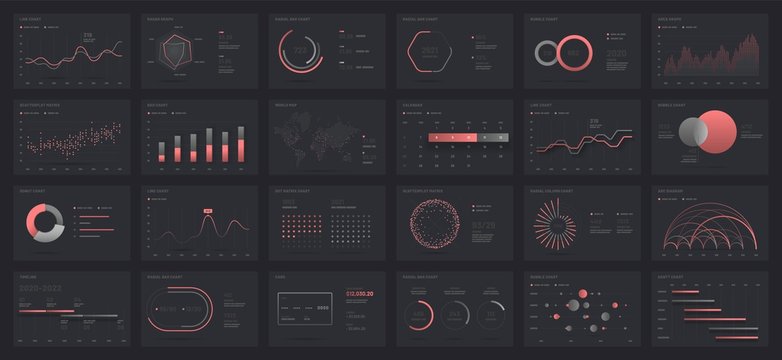 Big set of infographics on a dark background. Use in presentation templates, mobile app and corporate report. Dashboard UI with big data visualization.