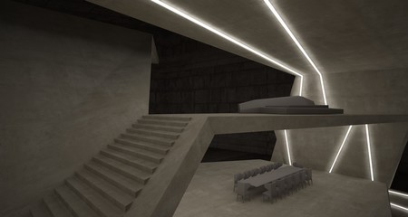 Obraz premium Abstract architectural concrete interior of a minimalist house with swimming pool and neon lighting. 3D illustration and rendering.