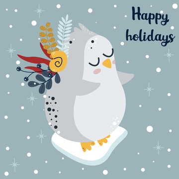 winter poster with a polar penguin - vector illustration, eps