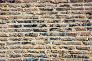 Red gray brown unclean brick wall background.