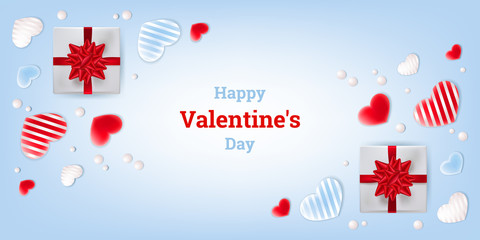Obraz na płótnie Canvas Happy Valentine's Day greeting card 3D. Realistic vector illustration with hearts, a gift and pearls on a sky blue background. Design for paper, prints, brochure, cover, banners etc.