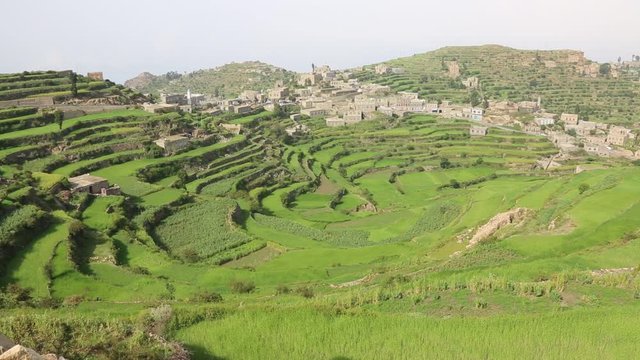 Spectacular views of the agricultural terraces of Sabir mountain in Taiz City, which is the second highest mountain in Yemen and Arabian Peninsula .