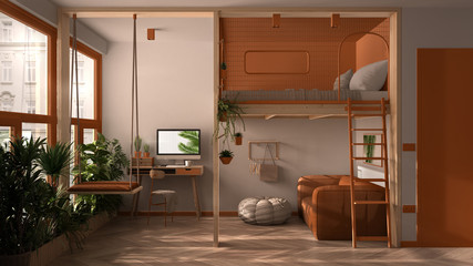 Minimalist studio apartment with loft bunk double bed, mezzanine, swing. Living room with sofa, home workplace, desk, computer. Windows with plants, white and orange interior design