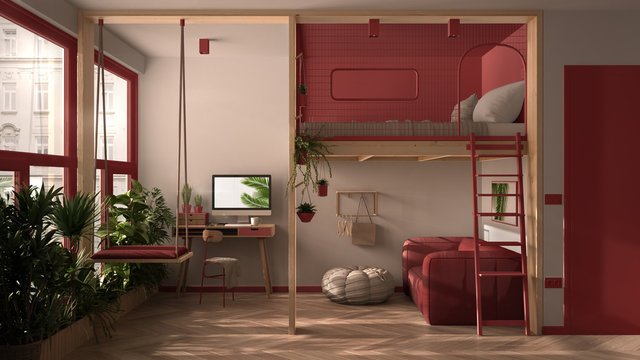 Minimalist studio apartment with loft bunk double bed, mezzanine, swing. Living room with sofa, home workplace, desk, computer. Windows with plants, white and red interior design