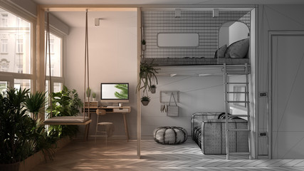 Architect interior designer concept: unfinished project that becomes real, minimalist studio apartment with loft bunk bed. Living room, home workplace. Windows with potted plants