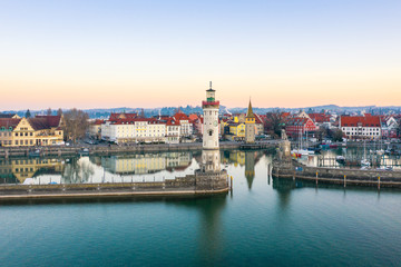 Fototapeta na wymiar High-angle view of Lindau Harbour entrance, Lake Constance, Bavaria