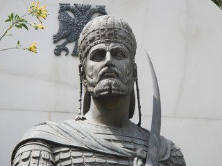 Constantine XI  the last emperor of Byzantium statue placed at an  Athenian square outdoors.