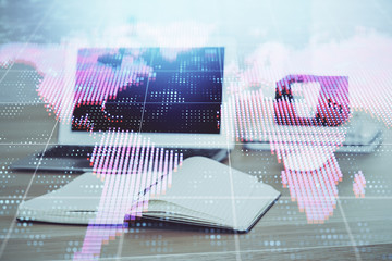Multi exposure of business theme icons and work space with computer background. Concept of success.