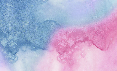 Creative smeared blue, purple and pink shades aquarelle background for vintage card, retro template. Light smudge watercolor paper textured ink effect grungy wet pastel illustration for design.