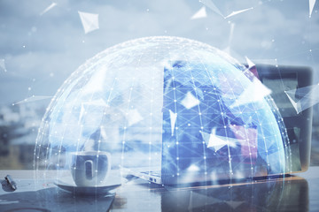 Multi exposure of business theme icons and work space with computer background. Concept of success.