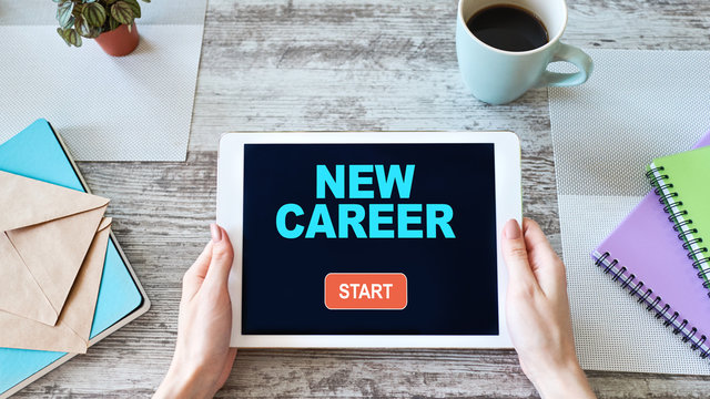 Start new career button on device screen. Recruitment and personal development concept.