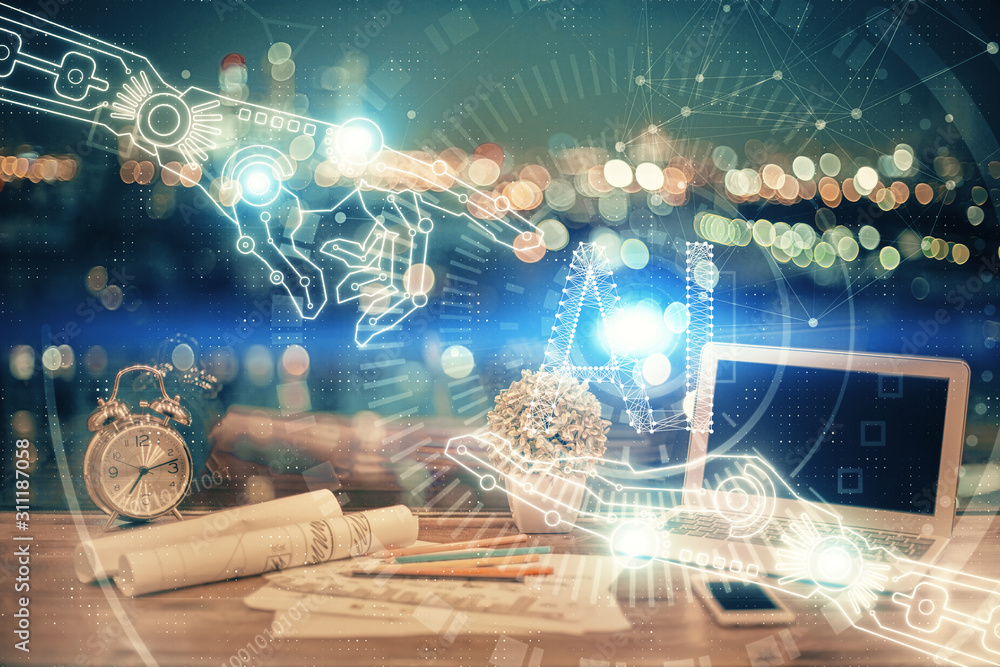 Poster Double exposure of computer and technology theme hud. Concept of innovation.