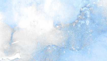Light sky blue shades color watercolor illustration, creative background, turquoise frame. Aquarelle painted paper textured canvas for vintage design, invitation card