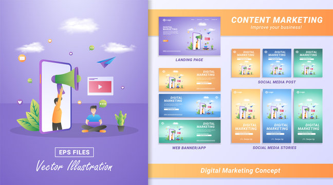 Content marketing material set. people advertise products on social media, share promotional video content. Including Landing page, Social media post and story, Web banner. Vector illustration