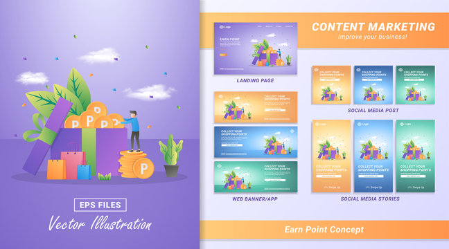 Content marketing material set. Collect shopping point, Swap points for vouchers. Reward program for loyal customers. Including Landing page, Social media post and story, banner. Vector illustration