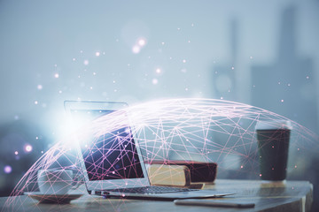 Computer on desktop with social network theme icon. Multi exposure. Concept of international connections.