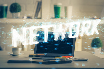 Technology theme drawing and work space with computer. Double exposure. Concept of innovation.