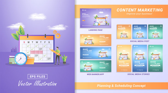 Content marketing material set. Create a schedule with the website or mobile app.Manage work time and schedule. Including Landing page, Social media post and story, Web banner. Vector illustration