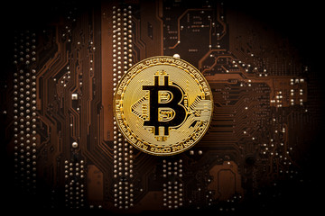 Gold bitcoin on computer circuit board, Mining bitcoin concept. 