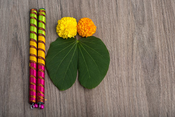 Indian Festival Dussehra and Navratri, showing golden leaf (Bauhinia racemosa) and marigold flowers...