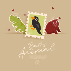 Postage stamp isolated on brown paper background with cute baby animals : Vector Illustration