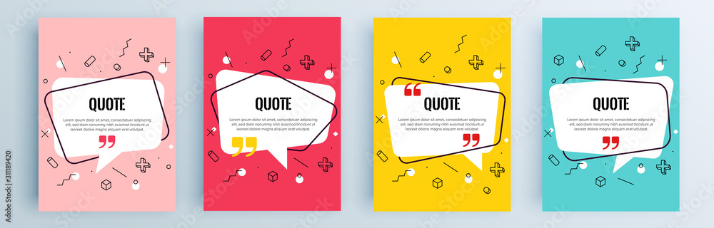 Poster quote frames blank templates set. text in brackets, citation empty speech bubbles, quote bubbles. te