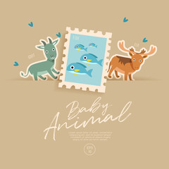 Postage stamp isolated on brown paper background with cute baby animals : Vector Illustration
