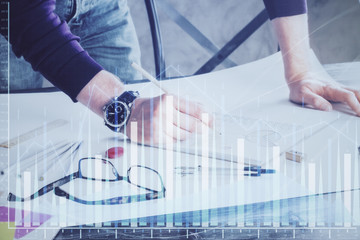 Multi exposure of man standing and planing investment with stock market forex chart.